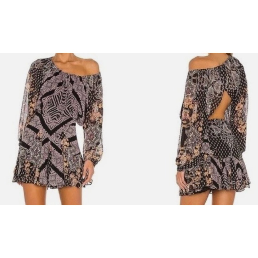 Free People Seven Wonders Mixed Paisley Print Open Back Mini Dress Black Pink M